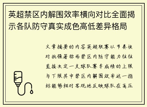 英超禁区内解围效率横向对比全面揭示各队防守真实成色高低差异格局 英超禁区内解围效率横向对比全面揭示各队防守真实成色高低差异格局